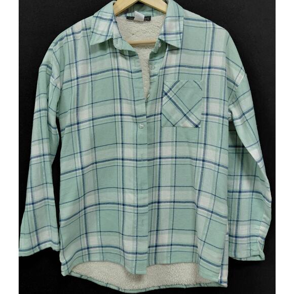 Derek Heart Tops - derek heart Plaid Sherpa Lined Shirt Green Knit Long Sleeve Women Size M